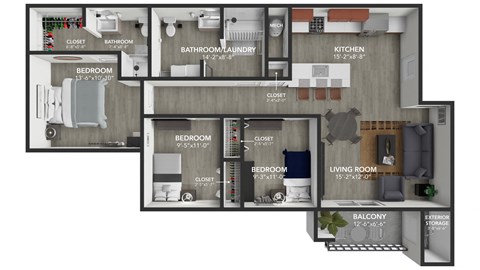 Floor plan for 3 beds, 2 baths, 1150 sqft